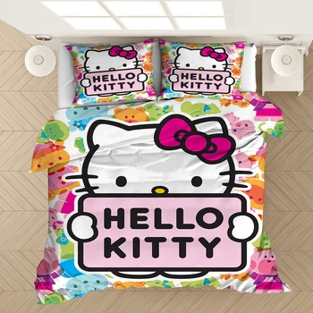 Tegnefilm HelloKitty Kat 3D-Print Talsmanden Sengetøj Sæt Til Piger Dynebetræk Pudebetræk Hjem Tekstil-Queen-King Size Kids Søde piger