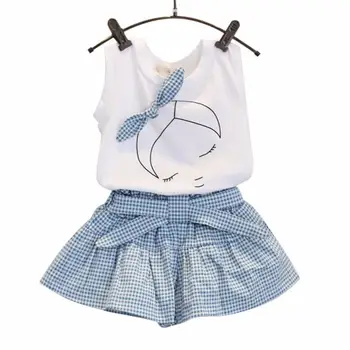 Toddler sommer tøj Kids Girls Cute Bow Mønster Shirt Top Grid Shorts Sæt Tøj Sommeren Afslappet Baby Sæt 2 3 4 5 6 7Years