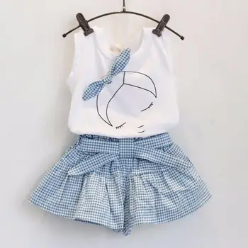 Toddler sommer tøj Kids Girls Cute Bow Mønster Shirt Top Grid Shorts Sæt Tøj Sommeren Afslappet Baby Sæt 2 3 4 5 6 7Years