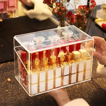 Transparente Læift opbevaringsboks Cosmetic Organizer Læift Stå Plastik Boks Parfume Vatpind Displayet Stå med Låg