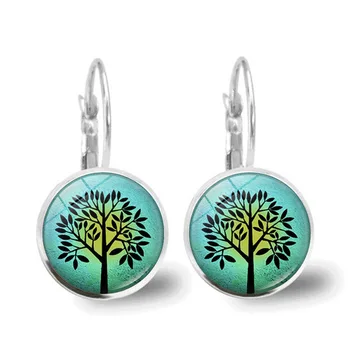 Tree of Life Tid Ædelsten Sølv Farve Øreringe Øreringe franske Kvinder Øre Kroge Livets Træ, Glas Kuppel Smykker til Kvinder