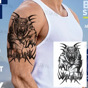 Tribal Gotisk Løve Kraniet Midlertidige Tatoveringer For Mænd Voksen Realistisk Falske Tiger Kriger Halloween Sværd Tatoveringer Mærkat Arm Tatovering