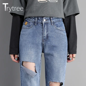Trytree 2020 AW Kvinder Jeans Afslappet Personlighed Huller Lige Demin Bukser Kvinder Streetwear Løs Ankel-Længde Høj Talje Jeans