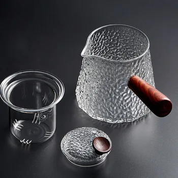 Træ Håndtag Hammer Korn Glas Tepotte Kop Med Høj-Temperatur Resistent Dække Og Si Lead-free Høj borosilikatglas