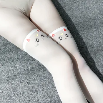 Tynd Japansk Kitty Sokker Tegnefilm Trykt Over Knæ Sokker Kvindelige COS Anime Pige Låret Høje Sokker Sjove Strømper Kvindelige