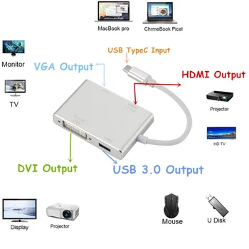 USB-3.1 HUB 4-i-1 USB-3.1 USB-C Type C til HDMI VGA DVI USB 3.0 Adapter Kabel til Bærbar computer Apple HUB Splitter USB-C Converter HUB