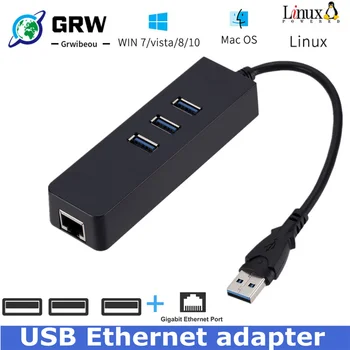 USB-Gigabit Ethernet-Adapter 3 Porte USB 3.0 HUB USB til Rj45 Lan-netværkskort til Macbook, Mac Desktop + Micro USB Oplader Kabel