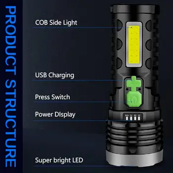 USB/Solar Oplader Lommelygte Indbygget Batteri Lygte med COB Side Lys Vandtæt Hånd Lys Camping Lommelygte