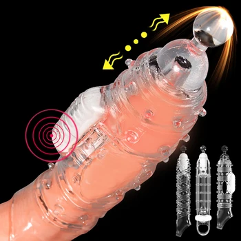 Udvidelser kondom Penis Ærme Mandlige Udvidelsen Forsinkelse Vibrator klitoris massager Cock Ring vibrerende dække Voksen Sex Legetøj Til Mænd