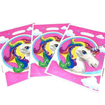 Unicorn Girl Fødselsdag Decors Engangs Plast Slik gavepose Tema Part Taske Kids Fødselsdag Festival Jul Forsyninger 100pcs