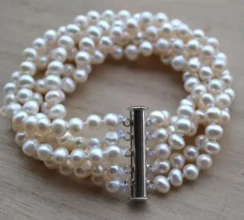 Unik Perle Smykker Hvid 5-6MM 5 Rækker Ægte Ferskvands Perle Armbånd Charmerende Kvinder bryllupsfest Kvinder Gave