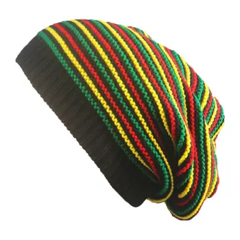 Unisex Hæklet Bølget Fine Striber Beanie hue Rainbow Jamaica Flag Baggy Kraniet Hat N58F