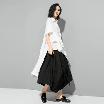 Uregelmæssig Flæser Patchwork Hvid Plus Size Lang Bluse Kvinder Nye Revers Kort Ærme Løs Casual-Shirt, Toppe, Mode Sommer 2021