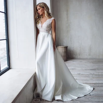 V-Hals Uden Ærmer Satin Blonder Pynt Perler A-Line Wedding Dress 2021 Vestido De Noiva Brudekjolen