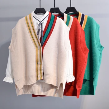 V-hals kontrast farve vest sweater 2021 foråret nye koreanske version løs kort vest casual uregelmæssige top coat s566