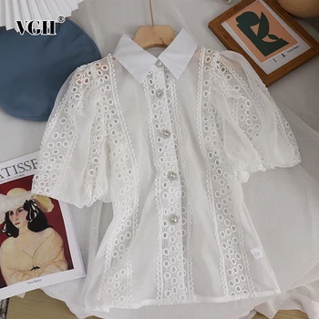 VGH Casual Hvid Hule-Shirts Til Kvinder Revers Puff Korte Ærmer koreanere Lige Bluser Kvindelige 2021 Sommer Mode Tøj