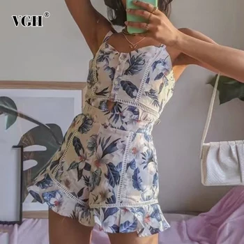 VGH Casual Print To-delt Sæt Til Kvinder V-Hals uden Ærmer Camis Høj Talje Løse Shorts Vintage Sæt Kvindelige Ny Sommer Mode