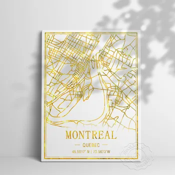 Verden Tavel Byen Montreal, Quebec Street Map Kunst Plakat, Goid Line Kort Indretning Maleri, Moderne Simpel Stil Kort Home Decor Vægmaleri
