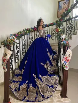 Vestidos De 15 Kvinder År Royal Blå Quinceanera Kjoler Med Aftagelige Ærmer Lace Applique Sweet 16 Mexicanske Kjole Prom Kjoler 2021
