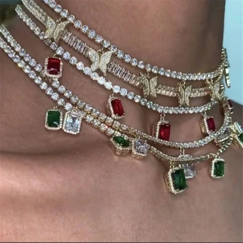 Vintage 2020 Mode Multilevel Vedhæng Halskæder Til Kvinder Boho Nye Geometriske Farverige Square Crystal Female Halskæde Smykker
