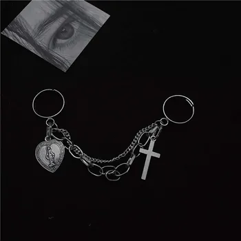 Vintage Cross 2 i 1 Konjunktion Ring Goth Punk Multi-lag Justerbar Kæde på Tværs af Hjertet Jesus Vedhæng Ringe Til Mænd, Kvinder Smykker