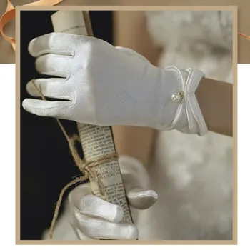 Vintage Hvide Handsker Kvinde Brud Marrige Elegant Bryllupsfest Foto Sort Rød Dame Satin Mode Kjole Tilbehør Handsker