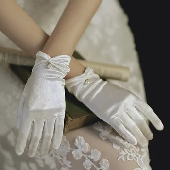 Vintage Hvide Handsker Kvinde Brud Marrige Elegant Bryllupsfest Foto Sort Rød Dame Satin Mode Kjole Tilbehør Handsker