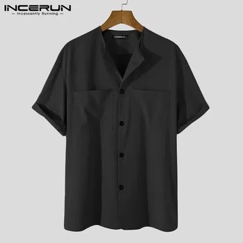 Vintage Mænd Shirt med Rund Hals Korte Ærmer-Knappen Casual Bluse Solid Farve 2021 Streetwear Fritid Camisas Hombre S-5XL INCERUN