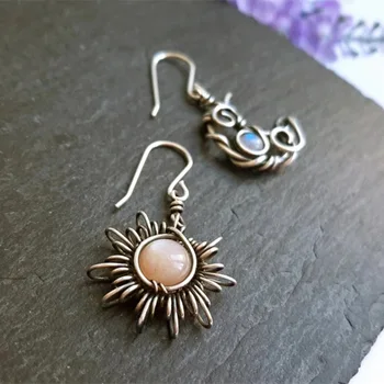 Vintage Solen og Månen Drop Earings For Kvinder Sølv Farve Boho Charme Etniske Rhinestone Drop Earings Kvinder Mode Smykker Gave