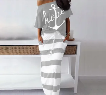 WEPBEL Plus Size Mode Off Skulder T-Shirt & Stribet Maxi Nederdel Kvinder, To-delt Outfits To Stykker Sæt Toppe og Nederdele