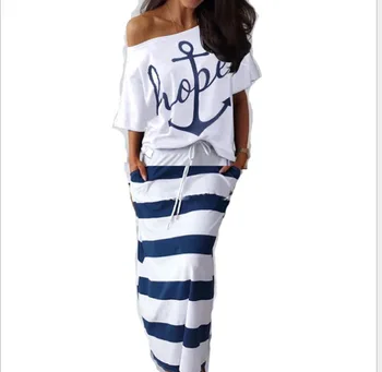 WEPBEL Plus Size Mode Off Skulder T-Shirt & Stribet Maxi Nederdel Kvinder, To-delt Outfits To Stykker Sæt Toppe og Nederdele