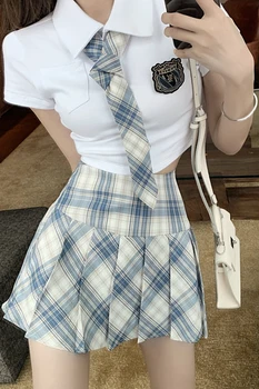 WOMENGAGA Jk Uniform College Stil Passer til Kvindelige Uafgjort Bluse Hvid Plisseret Nederdel Sommer-To-piece Suit Kvinder T-Shrit + Nederdel QC1C
