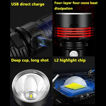 XHP50 Taktisk Lommelygte Super Kraftfuld L2 LED Lommelygte USB-Genopladelige Linterna Vandtæt Lampe Ultra Lyse Lanterne Camping