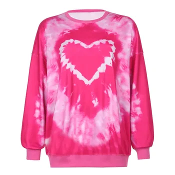 Y2K Æstetik Pink Oversize Sweatshirts E-girl Vintage Tie Dye Crewneck langærmet Toppe Efteråret Hjertet Smarte Trøjer
