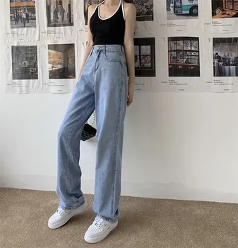 YTX1941 2021 sommeren nye stil og høj talje løs vilde lige bred ben bukser design forstand jeans kvinder