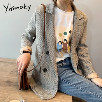 Yitimoky Plaid Blazere Kvinde Jakke Dobbelt Breasted Pels Casual 2021 Foråret Efteråret Koreansk Stil, Mode Outwears Lange Ærmer