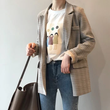 Yitimoky Plaid Blazere Kvinde Jakke Dobbelt Breasted Pels Casual 2021 Foråret Efteråret Koreansk Stil, Mode Outwears Lange Ærmer