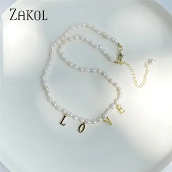 ZAKOL Mode Søde Små Uregelmæssige Naturlige Perler Halskæde til Kvinder engelske Brev Kærlighed Bryllup Smykker 2021 Ny