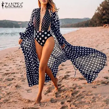 ZANZEA Kvinder Behemian Cardigan 2021 Sommeren Polka Prikker Lange Shirts Ladies Casual Løs Cover-Ups Holiday Beach Oversize Swimwears