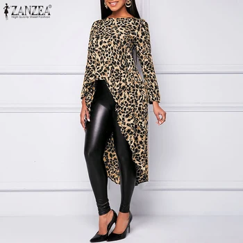 ZANZEA Kvinder Mode Bluse 2021 Sommeren Asymmetrisk Leopard Print-Toppe Casual Bomuld Løs Høj Lav Blusa Femme