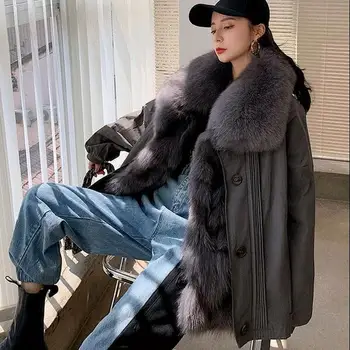 ZDFURS* 2020 Nye Fox Fur Parker Kvinder Aftagelig Pels med Ræv Pels Krave Fox Fur Indvendig Foring Vinter Varm Pels Tøj