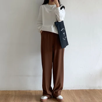 ZHISILAO Kontor Slid Solid Lige Bukser Plus Size Vintage Høj Talje Bred Ben Bukser Mujer Elegante Sorte Bukser Smarte 2021