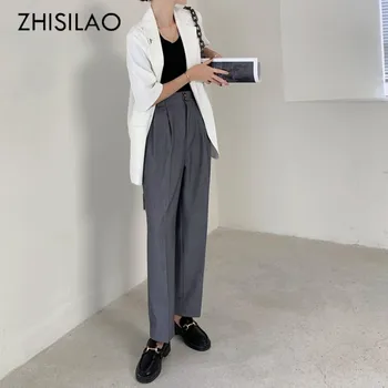 ZHISILAO Lige Blazer Bukser Kvinder Kontor Slid Vintage Solid Høj Talje Bukser Mujer 2021 OL Harem Passer til Bukser Grå Sort