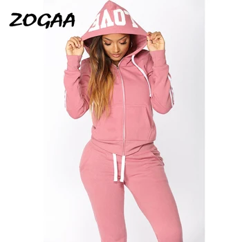 ZOGAA Sætter Kvinder Brand Kvinders Tøj Solid Lynlås Træningsdragt To Stykke Hætteklædte Sweatshirts og Bukser Trendy Alle-passer til Afslappet Oversize