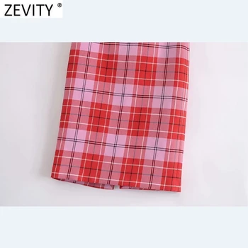 Zevity Nye Kvinder Vintage Red Plaid Print Casual En Linje Midi-Nederdel Faldas Mujer Kvindelige Side Lynlås Split Slankende Vestidos QUN743