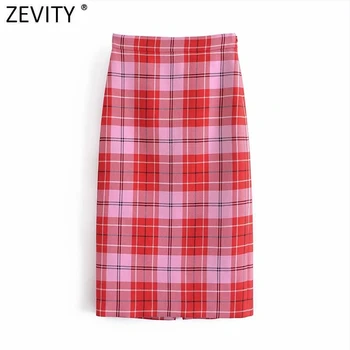 Zevity Nye Kvinder Vintage Red Plaid Print Casual En Linje Midi-Nederdel Faldas Mujer Kvindelige Side Lynlås Split Slankende Vestidos QUN743