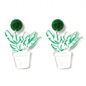 ZiccoWong Nye Kreative Design-Grøn Plante Form Drop Heart Øreringe Til Kvinder Acryl Transparent Sød Krukke Plante Store Øreringe