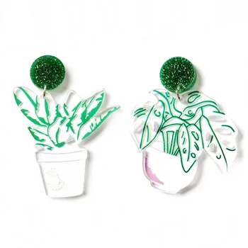ZiccoWong Nye Kreative Design-Grøn Plante Form Drop Heart Øreringe Til Kvinder Acryl Transparent Sød Krukke Plante Store Øreringe