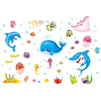 [shijuekongjian] Tegnefilm Fisk Wall Stickers DIY Pige Havfrue vægoverføringsbilleder for Kids Baby Soveværelse Badeværelse Udsmykning af Huset
