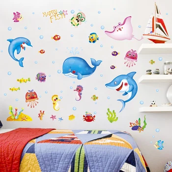 [shijuekongjian] Tegnefilm Fisk Wall Stickers DIY Pige Havfrue vægoverføringsbilleder for Kids Baby Soveværelse Badeværelse Udsmykning af Huset